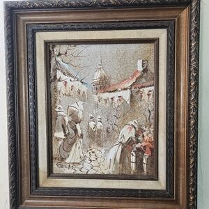 Signed Small Original Boris Chezar Oil & Sand Painting of French Market Town